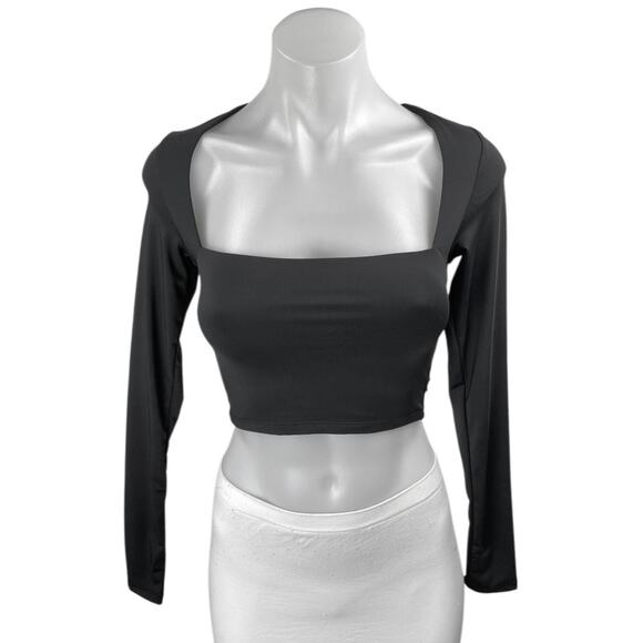 NEW Qinsen Women's Black Square Neck Long Sleeve Slim Stretch Crop Blosue Top S - Picture 1 of 3